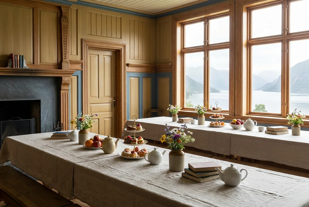 The pine table in the dining room, laid for breakfast with earthenware and cloudberry preserves.