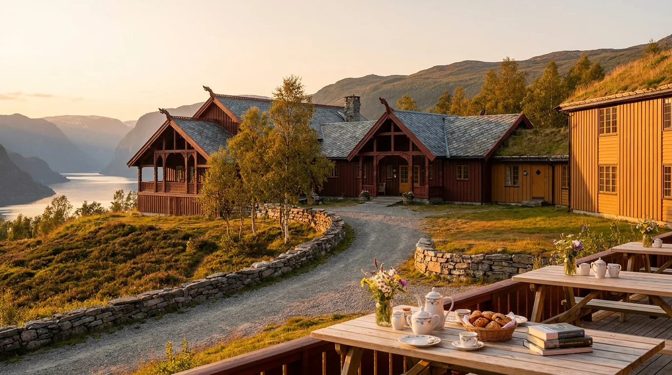 The exterior of Ege Garden on the plateau above Fjærland, the Sognefjord arm visible below in the evening light.