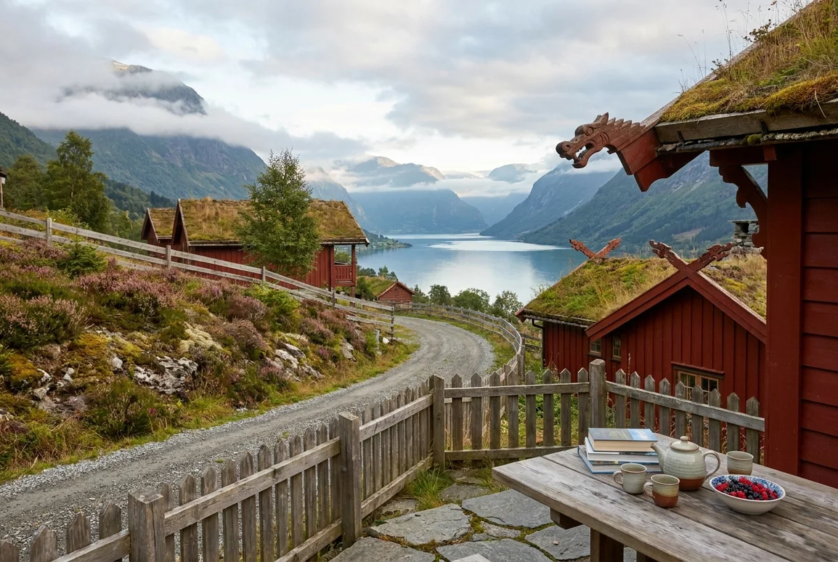 The plateau above Fjærland at dusk, with the fjord arm below and low cloud on the ice cap.