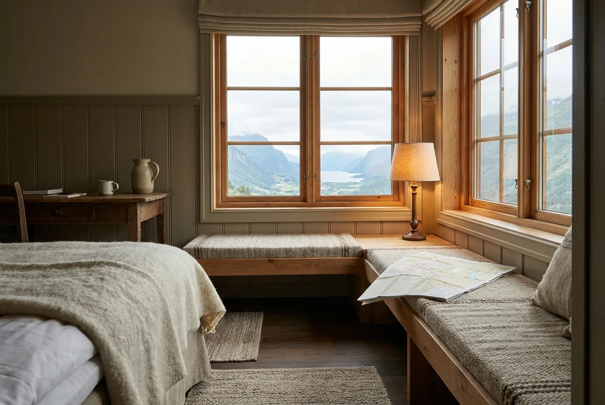 Window seat in Jostedøla Suite with a folded plateau map and a reading lamp.