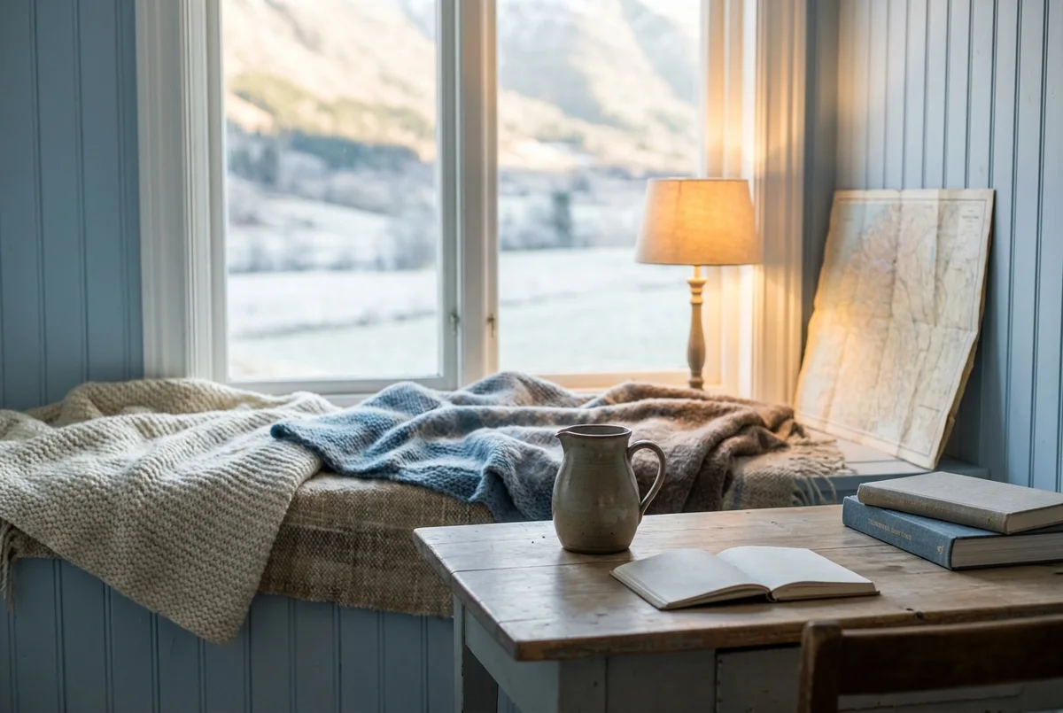 Undyed wool blanket and stoneware pitcher on the writing table of Jostedøla Suite.