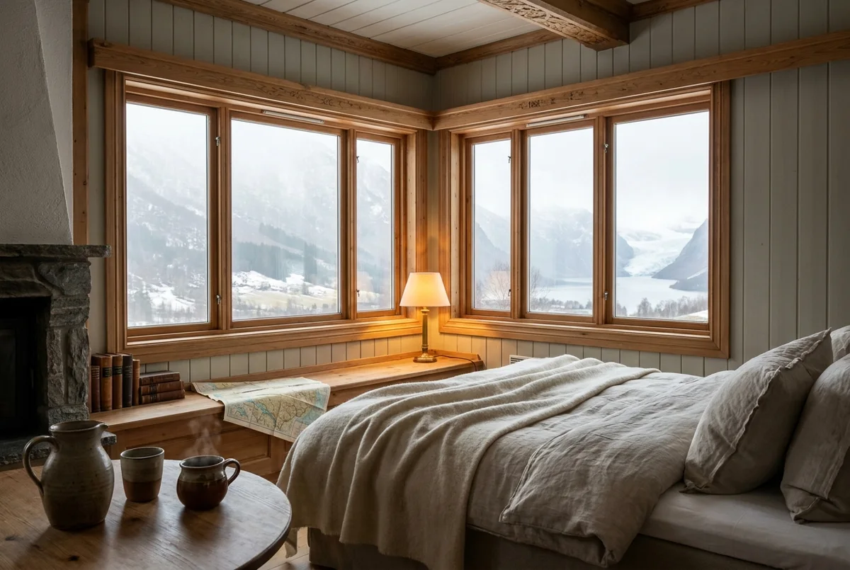 Jostedøla Suite corner room with a high window over the ice-fed valley.