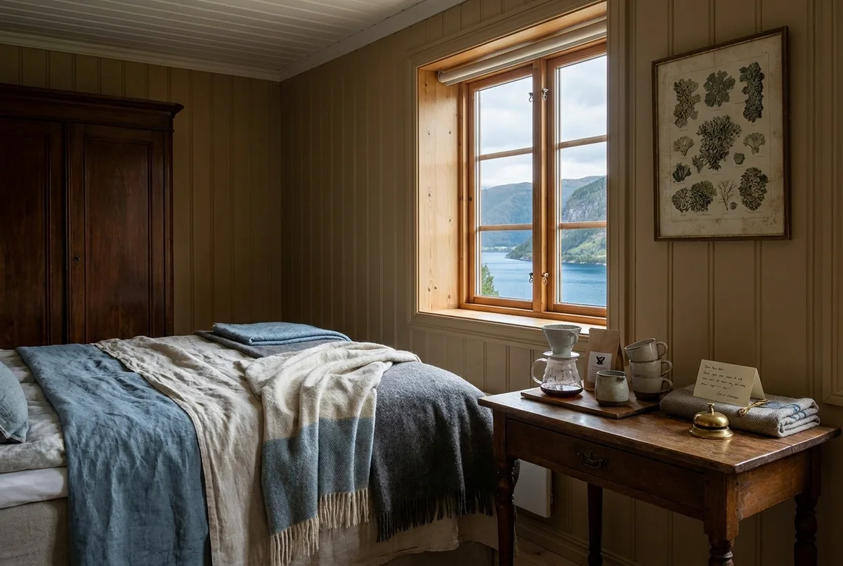 Mundalselvi Suite panelled in local pine, with a botanical plate of plateau lichens on the wall.