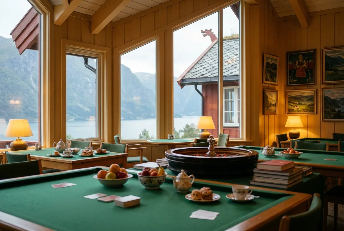 The Bøyaelvi Gallery, a long art-lined room with a handful of tables under low brass lamps.
